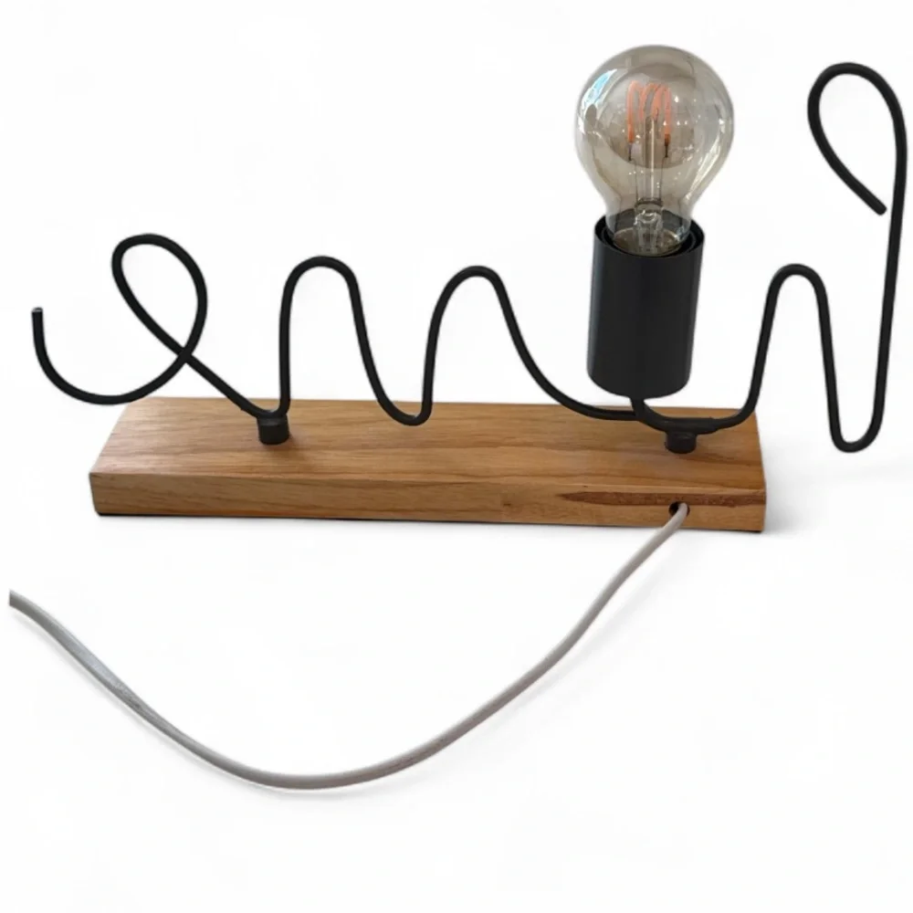 Mercantile Market Home Wireworks Gray Script Accent Lamp on Wood Base